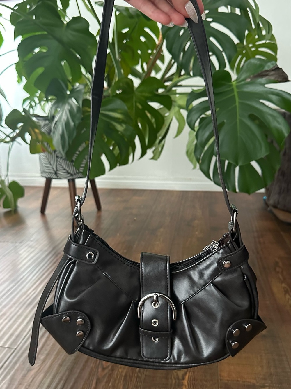 Edikted Y2K Black Shoulder Bag with Buckle and Stud Accents